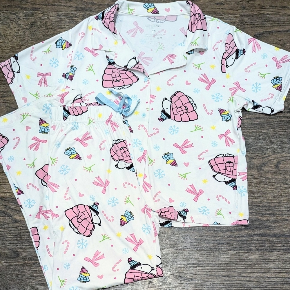 🔥New 2pc Large Peanuts Snoopy Puffer Print Christmas Pajamas Pajama Set
